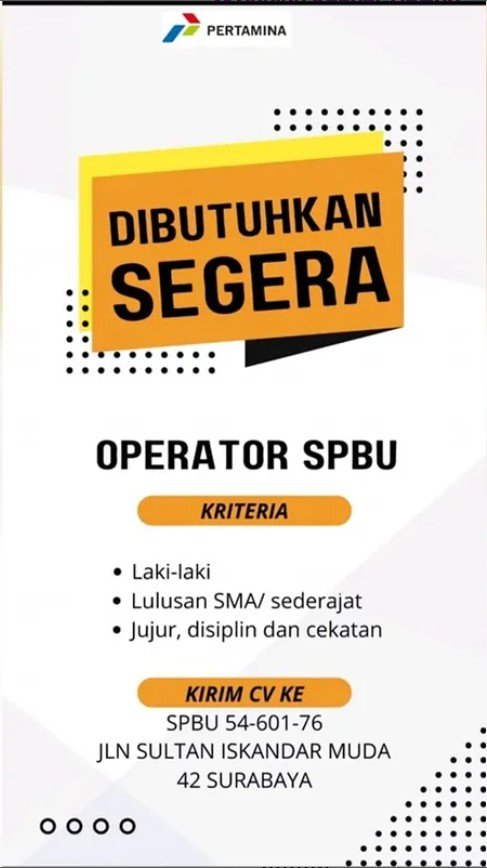 Lowongan Operator SPBU Pertamina