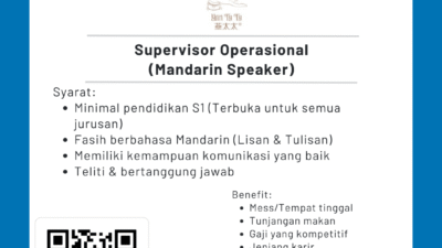 Supervisor Operasional(Mandarin Speaker) YAN TY TY GROUP IS HIRING