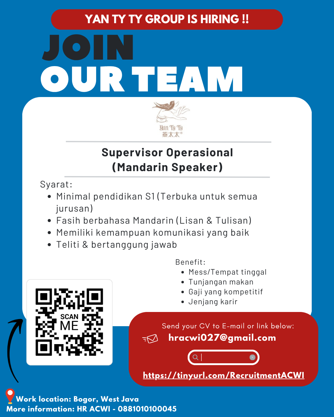 Supervisor Operasional(Mandarin Speaker) YAN TY TY GROUP IS HIRING