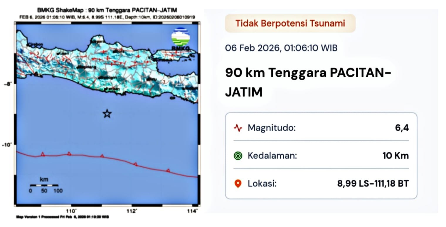 Gempa M 6,4 Guncang Tenggara Pacitan, Getaran Kuat Dirasakan Warga Hingga Magelang