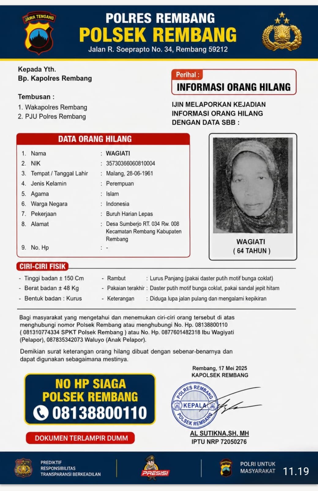 Lansia Asal Rembang Dilaporkan Hilang, Polisi Minta Bantuan Masyarakat