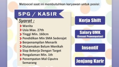 Walk-in Interview Metoocel Semarang Dibuka 11–12 Mei 2026, Cari SPG/Kasir untuk Penempatan Mal Ciputra