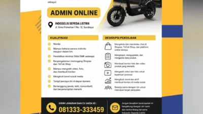Indoselis Sepeda Listrik Surabaya Buka Lowongan Admin Online, Simak Kualifikasinya