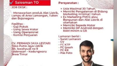 Lowongan Kerja Salesman TO Dibuka, CV Permadi Jaya Lestari Cari Kandidat untuk Area Lamongan, Tuban, dan Bojonegoro